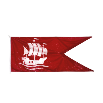 Rote Outdoor-Flagge mit der Störtebeker Kogge in weiß zum Hissen auf Schiffen oder Fahnenmasten. Maße: 0,8m Höhe x 2,0m Länge.