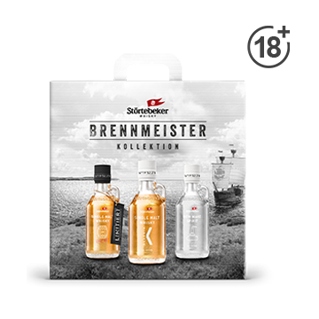 Ein Störtebeker Whisky Set: Brennmeister Kollektion 3x0,2l beinhaltet New Make (40% vol. Alkohol), Single Malt Whisky Klassik (40% vol. Alkohol) und Sherry-Fass reifte (50% vol. Alkohol).