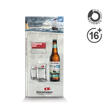 Eine Störtebeker Flasche Pazifik-Ale im exklusiven Geschenk-Set mit 2 Probiergläsern 0,1l.
