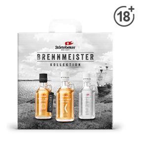 Ein Störtebeker Whisky Set: Brennmeister Kollektion 3x0,2l beinhaltet New Make (40% vol. Alkohol), Single Malt Whisky Klassik (40% vol. Alkohol) und Sherry-Fass reifte (50% vol. Alkohol).